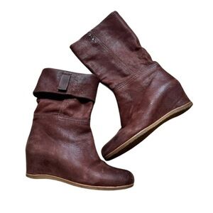 Prada Soft Brown Leather Wedge Mid Calf Boots Sz 38/7.5